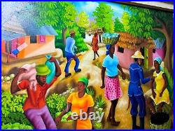 Wilner Cadet Haitian Folk Art Market Scene Oil Painting Signed And Framed