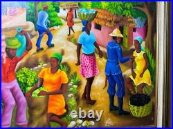 Wilner Cadet Haitian Folk Art Market Scene Oil Painting Signed And Framed