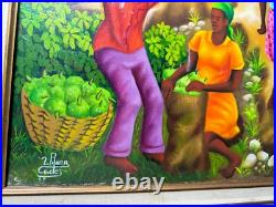 Wilner Cadet Haitian Folk Art Market Scene Oil Painting Signed And Framed