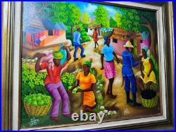Wilner Cadet Haitian Folk Art Market Scene Oil Painting Signed And Framed