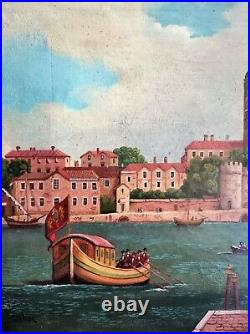 Wilson, Tower of London, Royal River Barge & Ships 19thC Antique Oil Painting