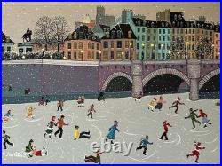 Winter Folk Art Painting Ice Skating Bridge Marika Vintage Children Kids Town