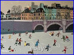 Winter Folk Art Painting Ice Skating Bridge Marika Vintage Children Kids Town