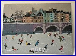 Winter Folk Art Painting Ice Skating Bridge Marika Vintage Children Kids Town