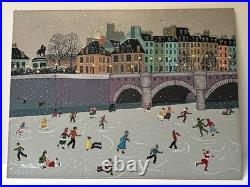 Winter Folk Art Painting Ice Skating Bridge Marika Vintage Children Kids Town