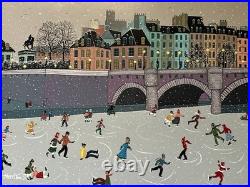 Winter Folk Art Painting Ice Skating Bridge Marika Vintage Children Kids Town