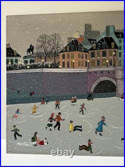 Winter Folk Art Painting Ice Skating Bridge Marika Vintage Children Kids Town