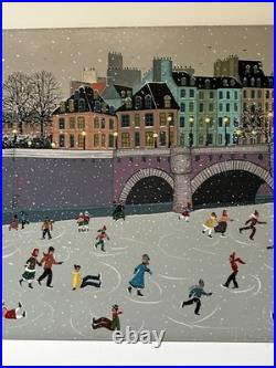 Winter Folk Art Painting Ice Skating Bridge Marika Vintage Children Kids Town