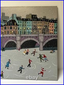 Winter Folk Art Painting Ice Skating Bridge Marika Vintage Children Kids Town