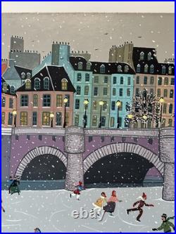 Winter Folk Art Painting Ice Skating Bridge Marika Vintage Children Kids Town