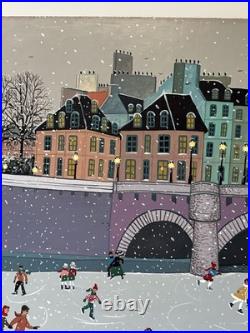 Winter Folk Art Painting Ice Skating Bridge Marika Vintage Children Kids Town