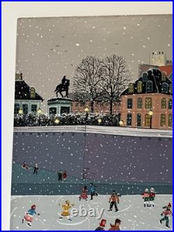 Winter Folk Art Painting Ice Skating Bridge Marika Vintage Children Kids Town