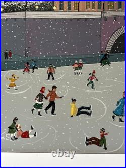 Winter Folk Art Painting Ice Skating Bridge Marika Vintage Children Kids Town