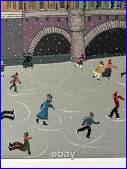 Winter Folk Art Painting Ice Skating Bridge Marika Vintage Children Kids Town