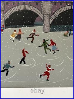 Winter Folk Art Painting Ice Skating Bridge Marika Vintage Children Kids Town