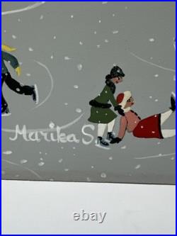 Winter Folk Art Painting Ice Skating Bridge Marika Vintage Children Kids Town
