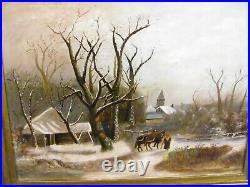 Winter Rural Landscape Antique Oil Painting with Village in Background