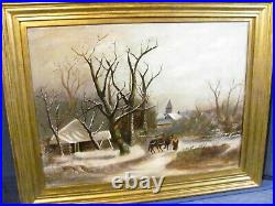 Winter Rural Landscape Antique Oil Painting with Village in Background