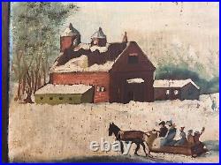 Winter Sleigh Scene with Farm Antique Primitive Oil On Board Folk Art