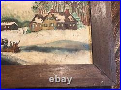 Winter Sleigh Scene with Farm Antique Primitive Oil On Board Folk Art