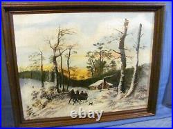 Winter Snowy Sleighride Naive/Folk Art Antique Oil Painting c. 1890