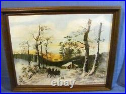 Winter Snowy Sleighride Naive/Folk Art Antique Oil Painting c. 1890