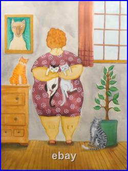 Woman Cat Lover Portrait Homebody Original Folk Art Painting 9×12 in Potocki