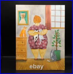 Woman Cat Lover Portrait Homebody Original Folk Art Painting 9×12 in Potocki