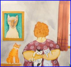 Woman Cat Lover Portrait Homebody Original Folk Art Painting 9×12 in Potocki