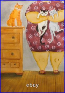 Woman Cat Lover Portrait Homebody Original Folk Art Painting 9×12 in Potocki