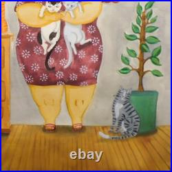 Woman Cat Lover Portrait Homebody Original Folk Art Painting 9×12 in Potocki