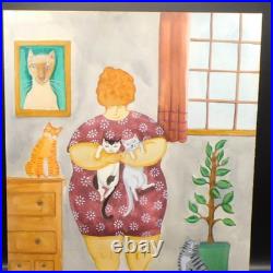 Woman Cat Lover Portrait Homebody Original Folk Art Painting 9×12 in Potocki