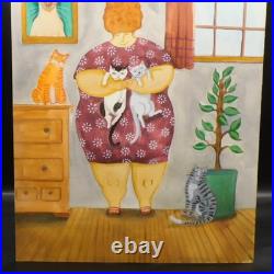 Woman Cat Lover Portrait Homebody Original Folk Art Painting 9×12 in Potocki