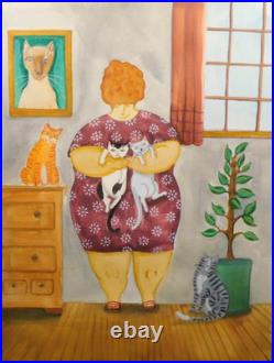 Woman Cat Lover Portrait Homebody Original Folk Art Painting 9×12 in Potocki