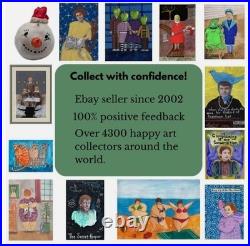 Woman Cat Lover Portrait Homebody Original Folk Art Painting 9×12 in Potocki