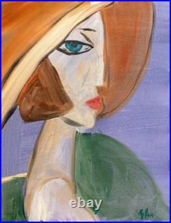 Woman wearing Hat Unique Abstract Expressionism Modern Wall Art Canvas 14x11