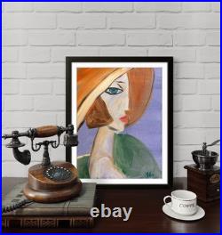 Woman wearing Hat Unique Abstract Expressionism Modern Wall Art Canvas 14x11