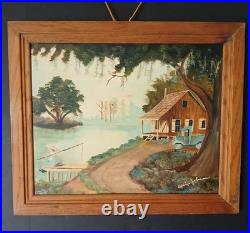 Wonderful Folk Art Painting Oil on Board by Evelyn Johnson