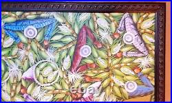 Wood Framed Peruvian Maize Corn Harvest Painting Signed 26 x 12 Peru Folk Art