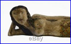 Wooden Hand Carved Mermaid Lying on Side Vintage Folk Art Painted Nautical