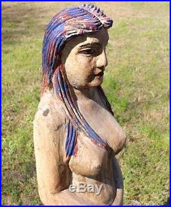 Wooden Hand Carved Mermaid Standing Statue Folk Art Painted Nautical 4 Feet Tall