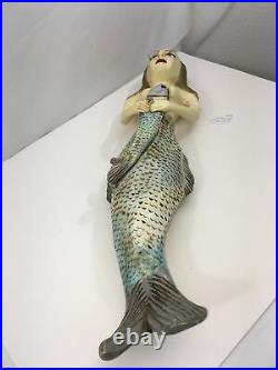 Wooden Hand Carved Mermaid hanging Statue Folk Art Painted Nautical