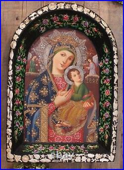 XL Madonna & Child Original Painting with Milagros Retablo Wood Mexican Folk Art